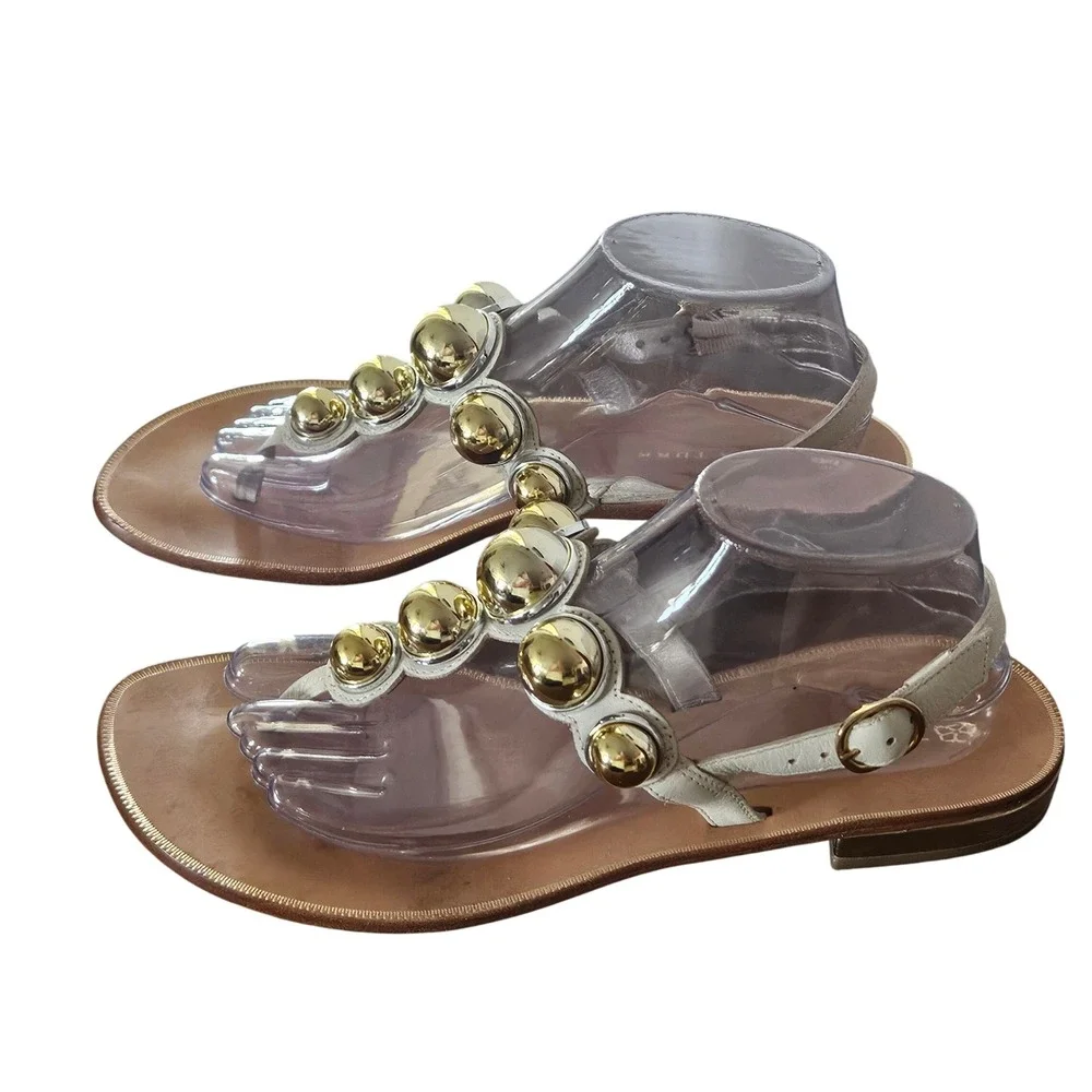 Trina Turk Womens 10M Gold Orb Embellished Leather T-Strap Thong Sandals Silver
